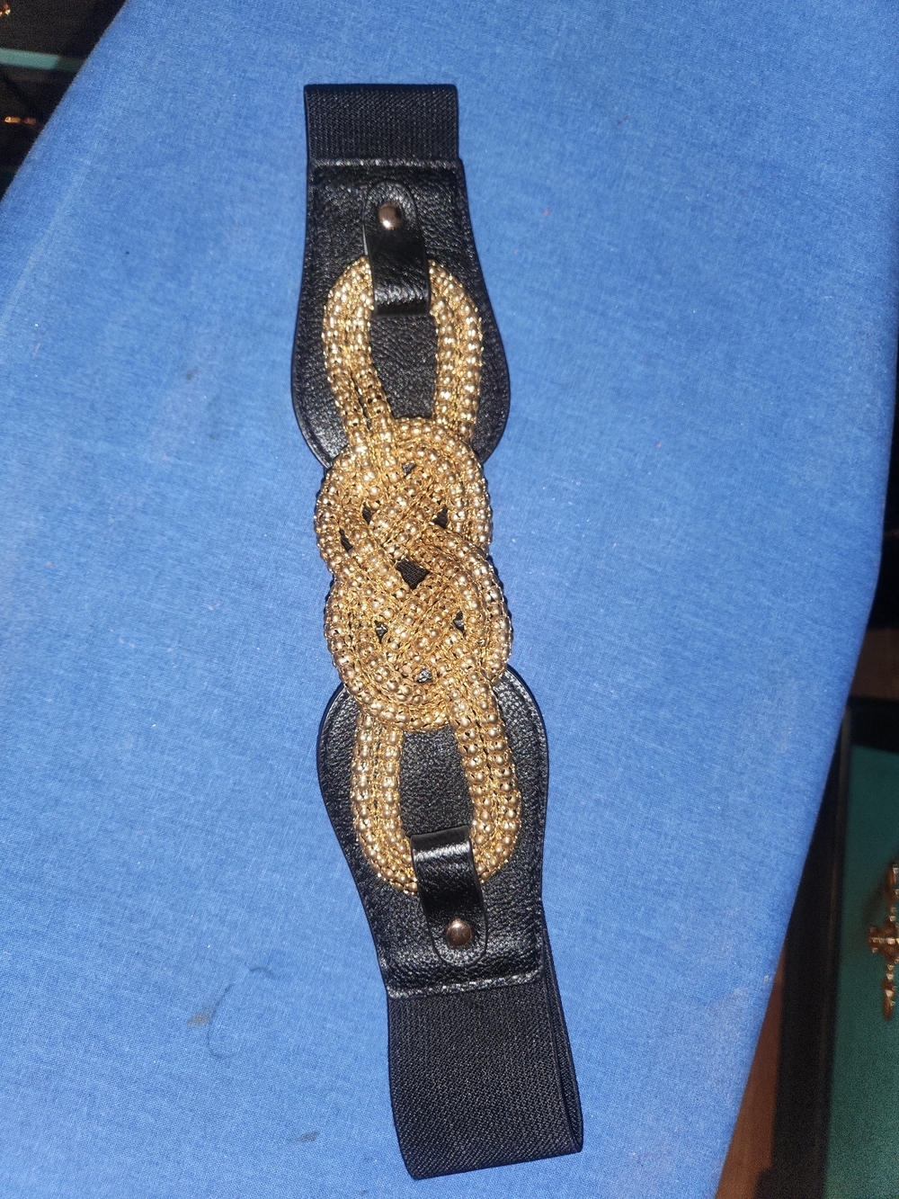 Black Elastic Waist Belt with Gold Braided Knot Accent